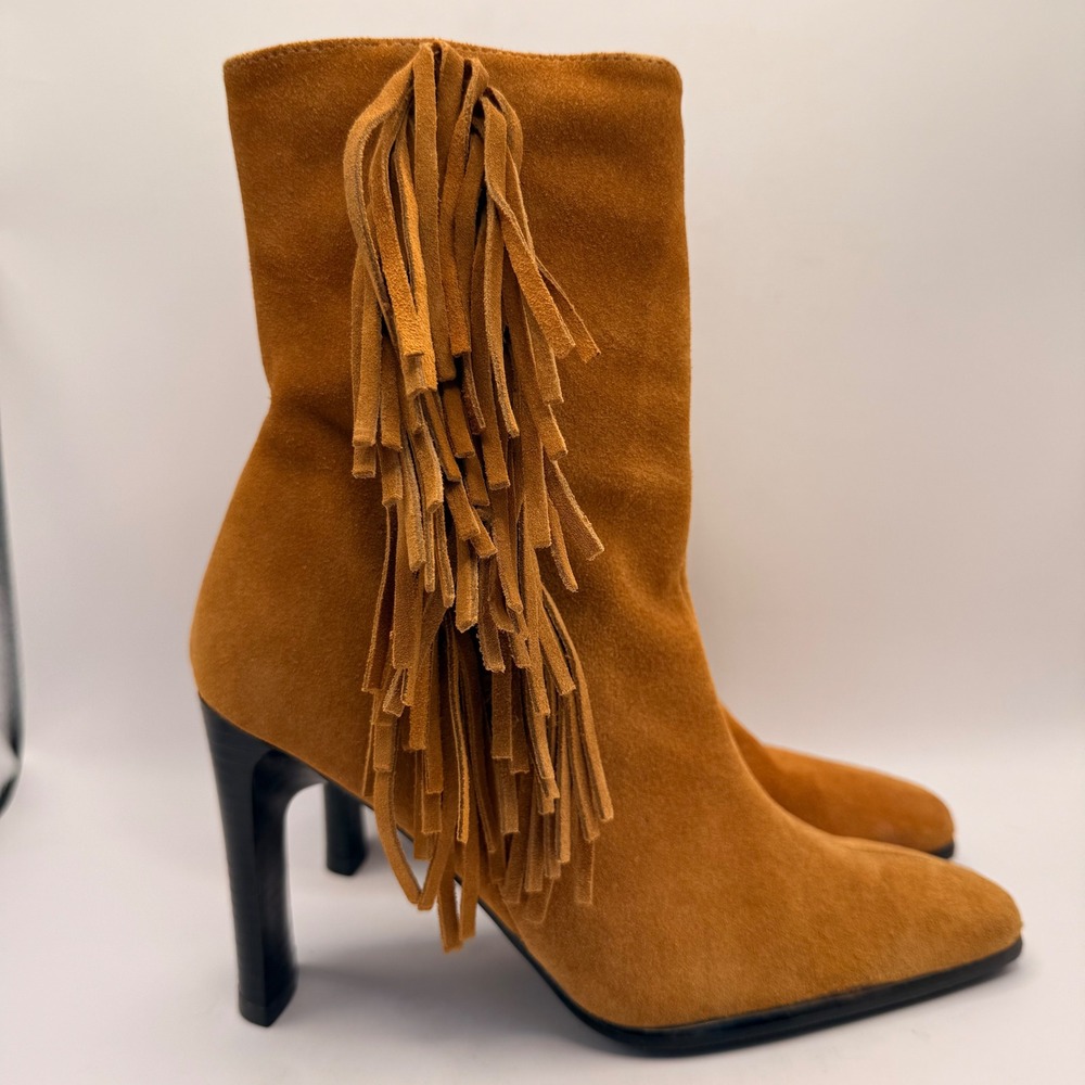 Predictions Leather Collection Tan Suede Fringe Square Pointed Toe Boots Size 7